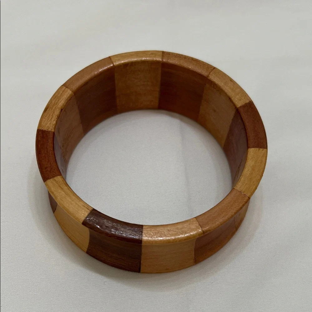 Two-Tone Wooden Bangle Bracelet Concave 1 1/2 inch Wide